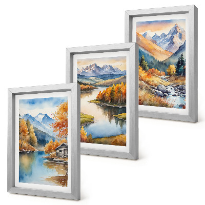Trittico incorniciato Panorami montani con fiume e alberi autunnali