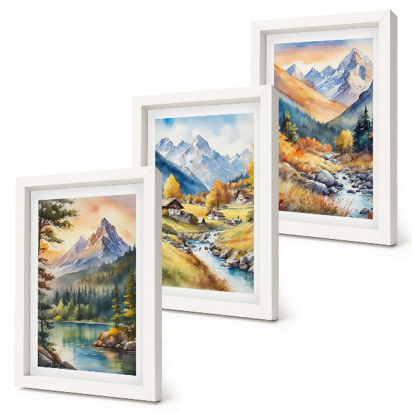 Composizione di 3 quadri Un paesaggio montano con un fiume e casette dai colori autunnali.