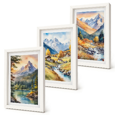 Composizione di 3 quadri Un paesaggio montano con un fiume e casette dai colori autunnali.