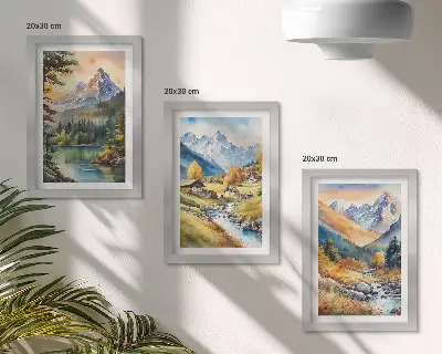 Composizione di 3 quadri paesaggio montano con fiume e casette dai colori autunnali