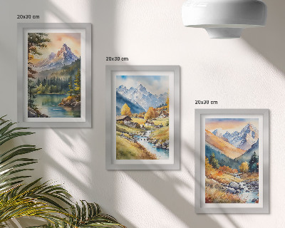 Composizione di 3 quadri Un paesaggio montano con un fiume e casette dai colori autunnali.