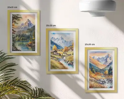 Composizione di 3 quadri paesaggio montano con fiume e casette dai colori autunnali
