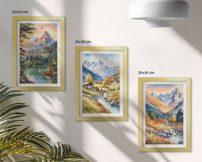 Composizione di 3 quadri Un paesaggio montano con un fiume e casette dai colori autunnali.