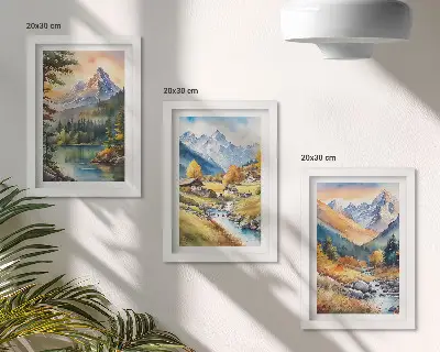 Composizione di 3 quadri paesaggio montano con fiume e casette dai colori autunnali