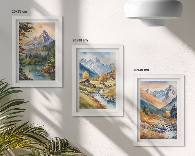 Composizione di 3 quadri Un paesaggio montano con un fiume e casette dai colori autunnali.