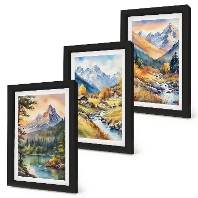 Composizione di 3 quadri Un paesaggio montano con un fiume e casette dai colori autunnali.
