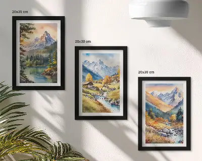 Composizione di 3 quadri paesaggio montano con fiume e casette dai colori autunnali