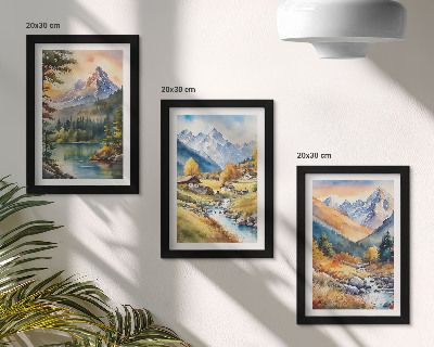 Composizione di 3 quadri Un paesaggio montano con un fiume e casette dai colori autunnali.