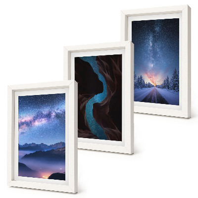 Composizione di 3 quadri cielo notturno, montagne, gola e paesaggio invernale