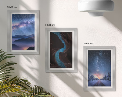 Composizione di 3 quadri cielo notturno, montagne, gola e paesaggio invernale