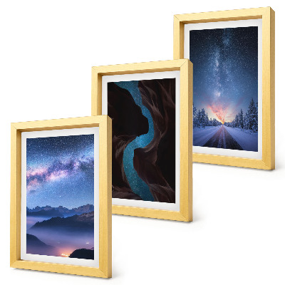 Composizione di 3 quadri cielo notturno, montagne, gola e paesaggio invernale