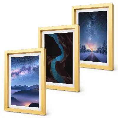 Composizione di 3 quadri con cielo notturno, montagne, gola e paesaggio invernale