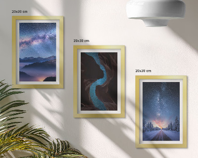 Composizione di 3 quadri cielo notturno, montagne, gola e paesaggio invernale