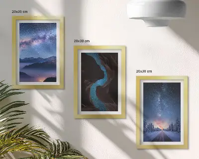 Composizione di 3 quadri con cielo notturno, montagne, gola e paesaggio invernale