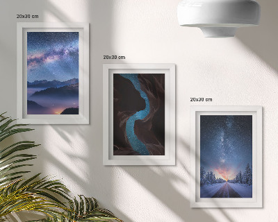 Composizione di 3 quadri cielo notturno, montagne, gola e paesaggio invernale