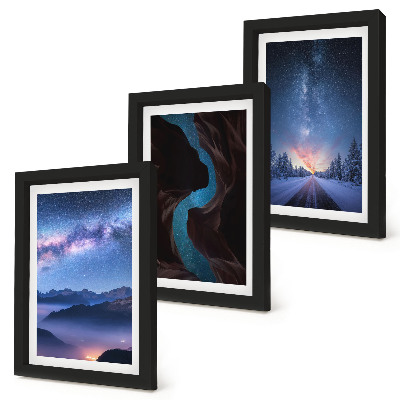 Composizione di 3 quadri cielo notturno, montagne, gola e paesaggio invernale