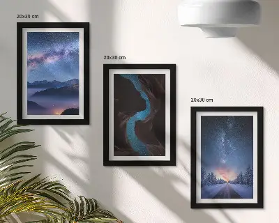 Composizione di 3 quadri con cielo notturno, montagne, gola e paesaggio invernale