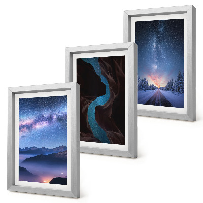 Composizione di 3 quadri cielo notturno, montagne, gola e paesaggio invernale