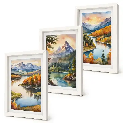 Trittico incorniciato paesaggi montani con fiume e alberi colorati