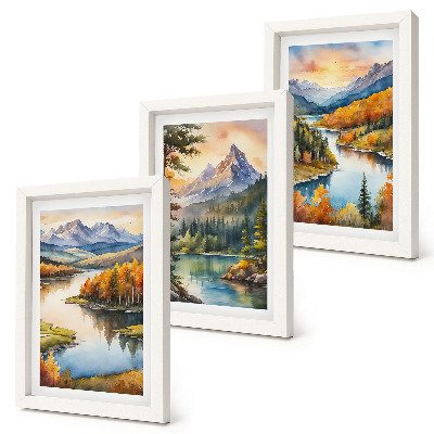 Trittico incorniciato Paesaggi montani con un fiume e alberi colorati