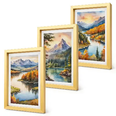 Trittico incorniciato paesaggi montani con fiume e alberi colorati