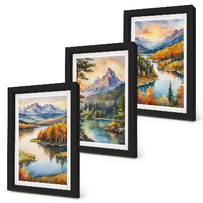 Trittico incorniciato Paesaggi montani con un fiume e alberi colorati