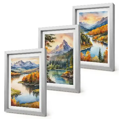 Trittico incorniciato paesaggi montani con fiume e alberi colorati