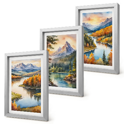 Trittico incorniciato Paesaggi montani con un fiume e alberi colorati