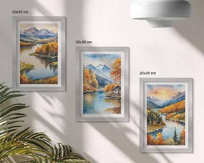 Composizione di 3 quadri Paesaggi montani autunnali con un fiume e un cottage in riva all'acqua.