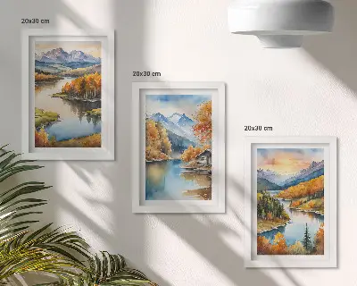 Composizione di 3 quadri con paesaggi montani autunnali, un fiume e un cottage in riva all'acqua