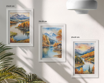 Composizione di 3 quadri Paesaggi montani autunnali con un fiume e un cottage in riva all'acqua.