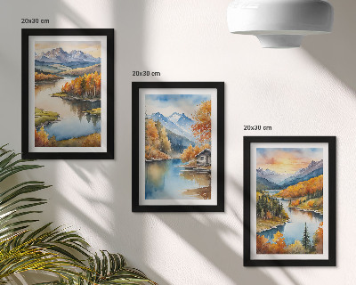 Composizione di 3 quadri Paesaggi montani autunnali con un fiume e un cottage in riva all'acqua.