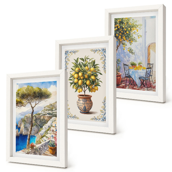 Composizione di 3 quadri Vista mare con albero di limoni e tavolo da giardino.