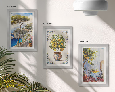 Composizione di 3 quadri Vista mare con albero di limoni e tavolo da giardino.
