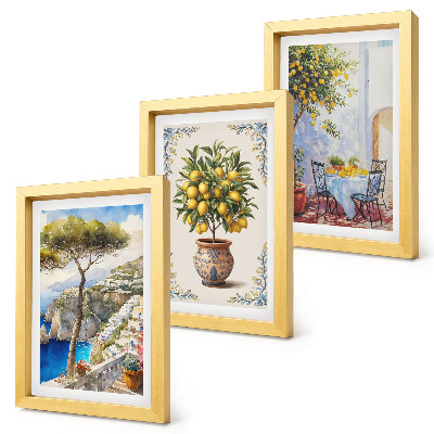 Composizione di 3 quadri Vista mare con albero di limoni e tavolo da giardino.