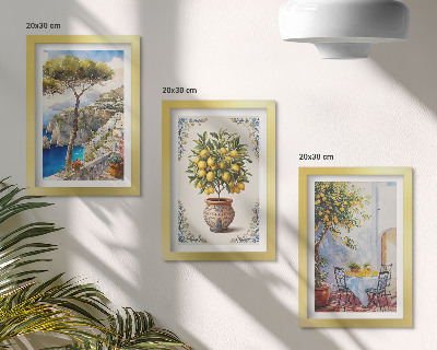 Composizione di 3 quadri Vista mare con albero di limoni e tavolo da giardino.