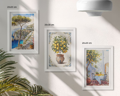 Composizione di 3 quadri Vista mare con albero di limoni e tavolo da giardino.