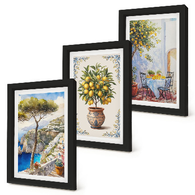 Composizione di 3 quadri Vista mare con albero di limoni e tavolo da giardino.