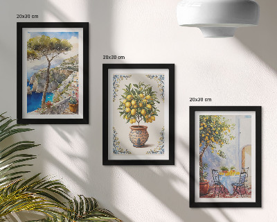 Composizione di 3 quadri Vista mare con albero di limoni e tavolo da giardino.