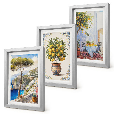 Composizione di 3 quadri Vista mare con albero di limoni e tavolo da giardino.