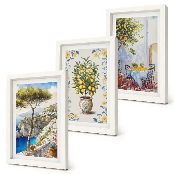 Vista mare con alberi di limoni composizione da 3 quadri dipinti italiani