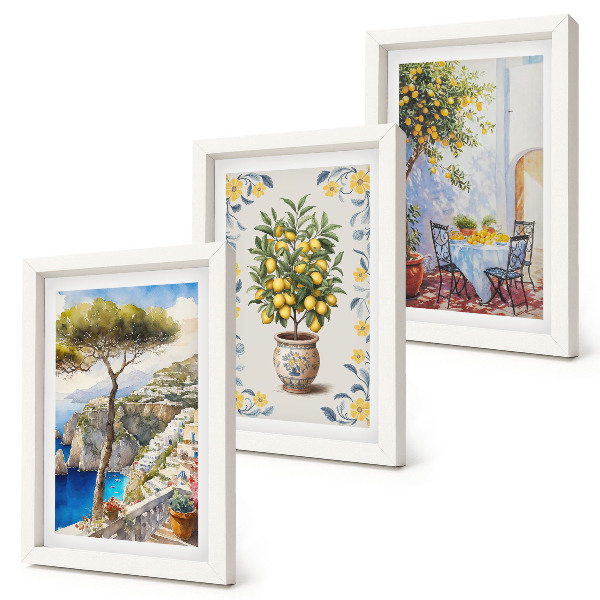 Composizione di 3 quadri Vista mare con alberi di limoni, dipinti italiani