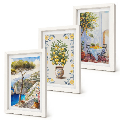Composizione di 3 quadri Vista mare con alberi di limoni, dipinti italiani