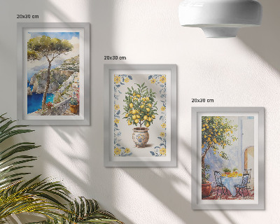 Composizione di 3 quadri Vista mare con alberi di limoni, dipinti italiani