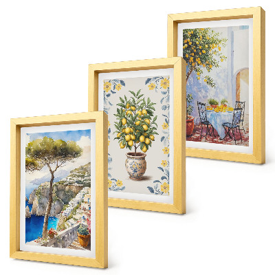 Composizione di 3 quadri Vista mare con alberi di limoni, dipinti italiani