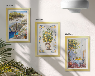 Composizione di 3 quadri Vista mare con alberi di limoni, dipinti italiani