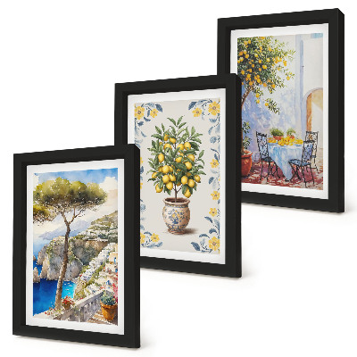 Composizione di 3 quadri Vista mare con alberi di limoni, dipinti italiani