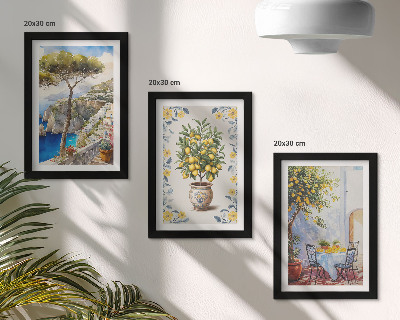 Composizione di 3 quadri Vista mare con alberi di limoni, dipinti italiani