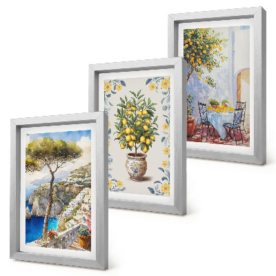Composizione di 3 quadri Vista mare con alberi di limoni, dipinti italiani