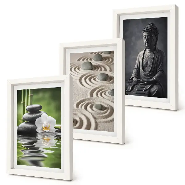 Composizione di 3 quadri con vista rilassante di Buddha, pietre sulla spiaggia e bambù